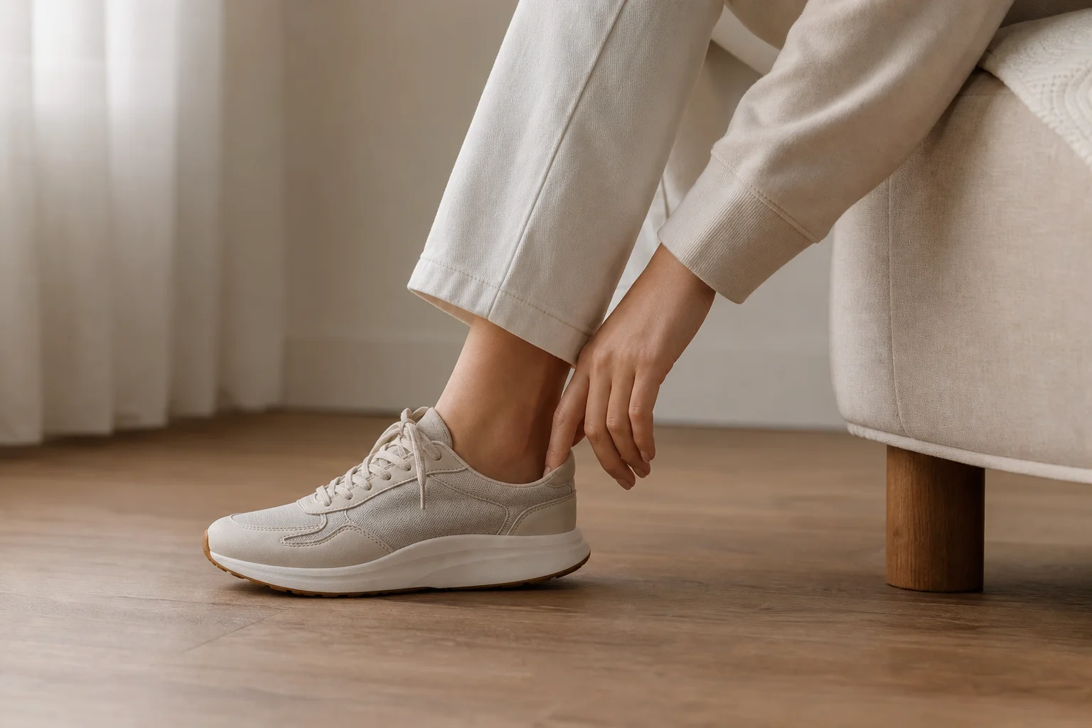 Person trying on or examining a shoe indoors with natural light