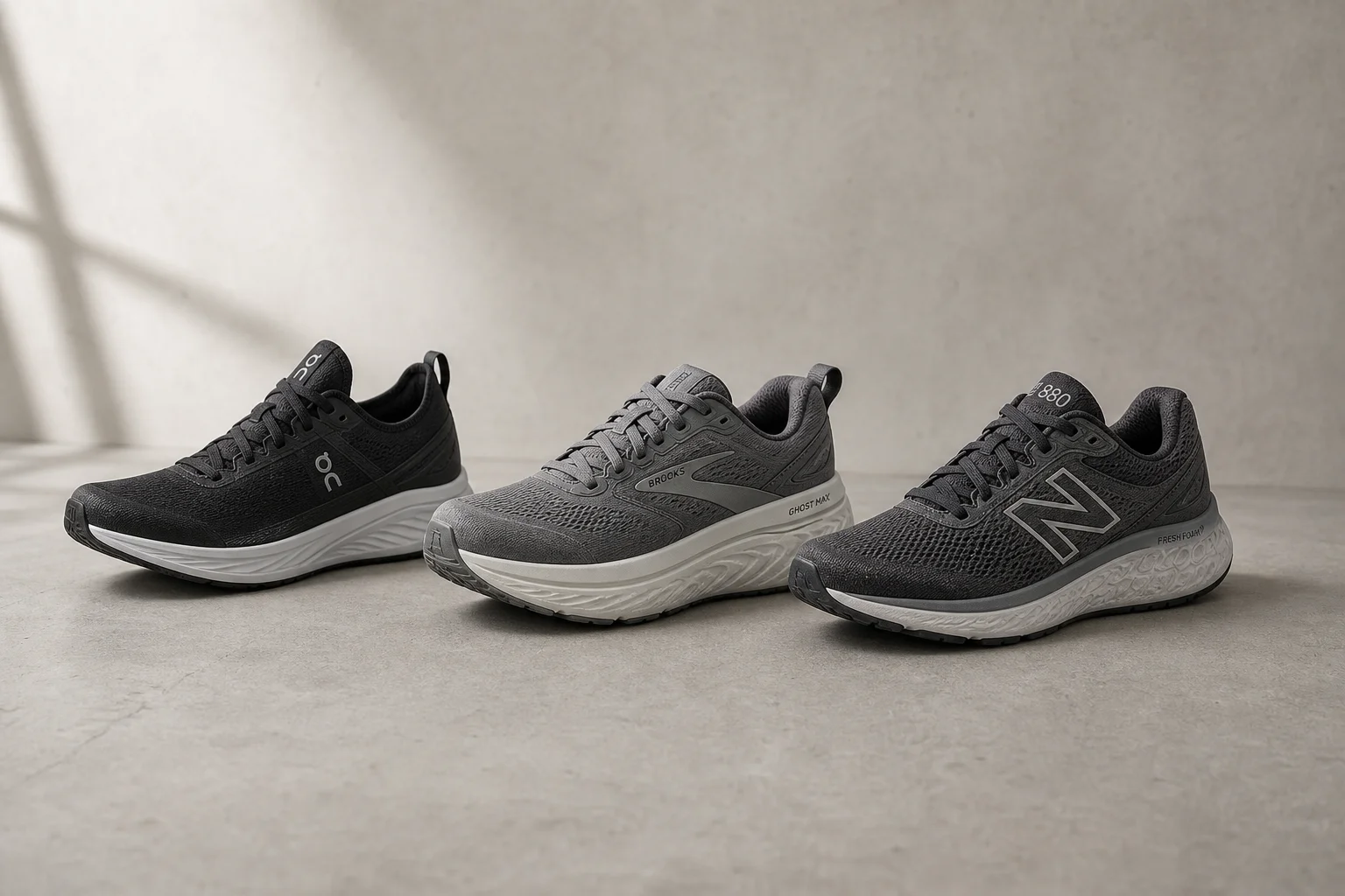 Three running and walking shoes displayed on concrete surface