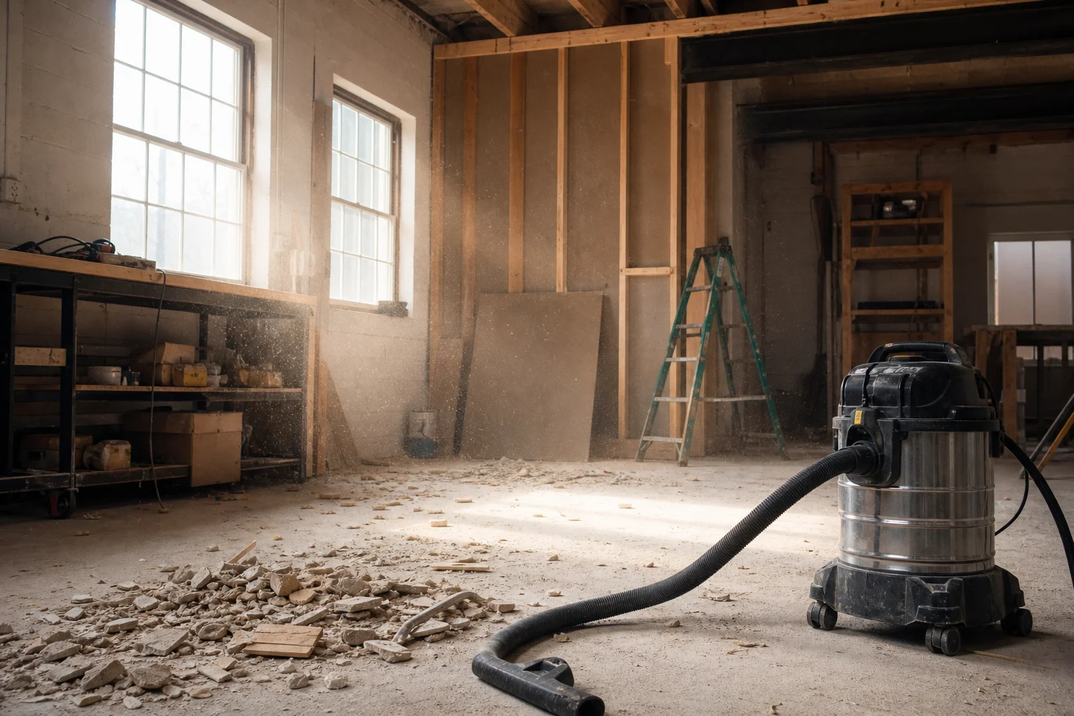 Workshop interior with dust and debris being vacuumed during renovation work