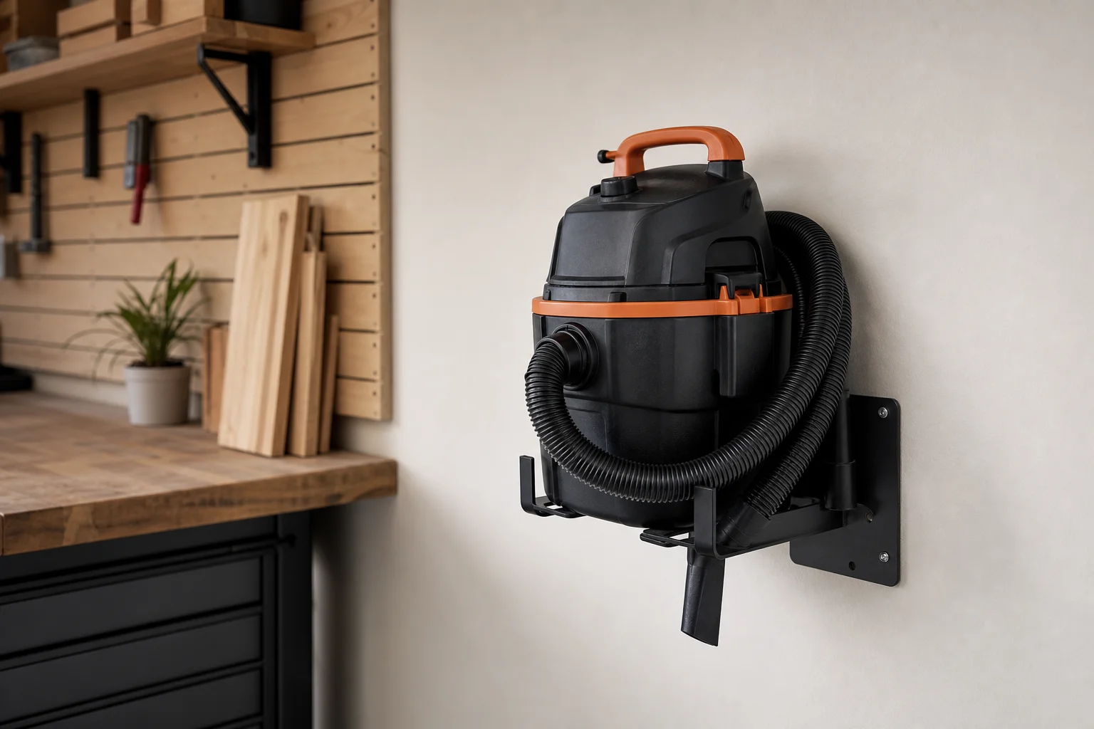 Compact shop vacuum mounted on a workshop wall using a bracket system