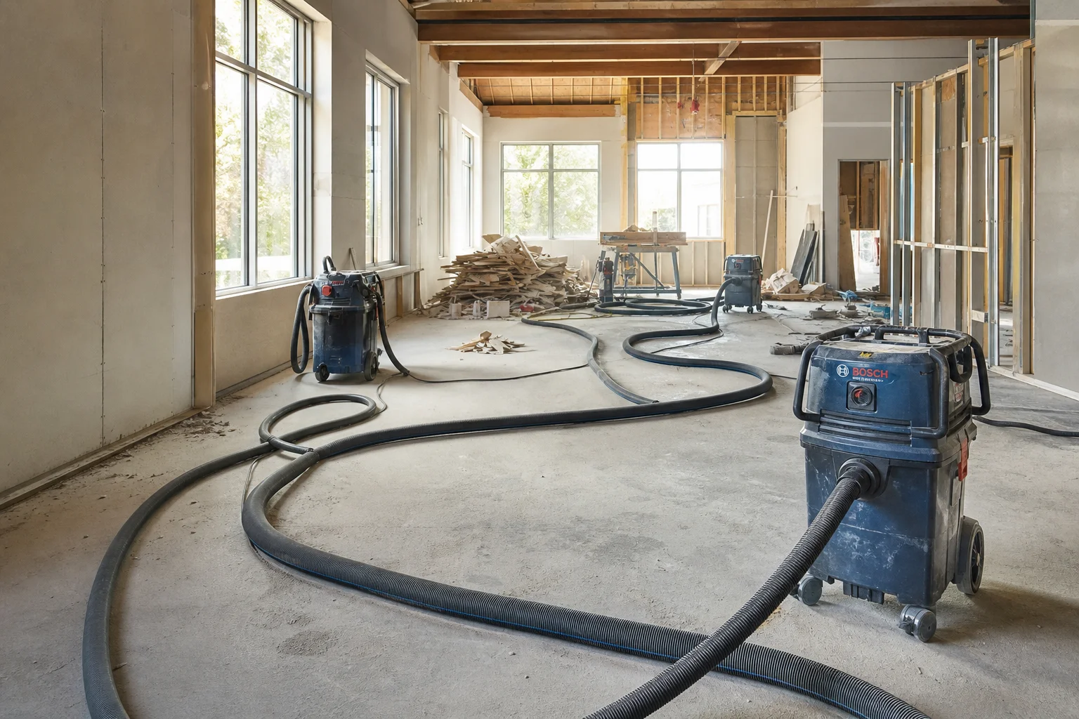 Construction site with multiple shop vacuums and debris cleanup in progress