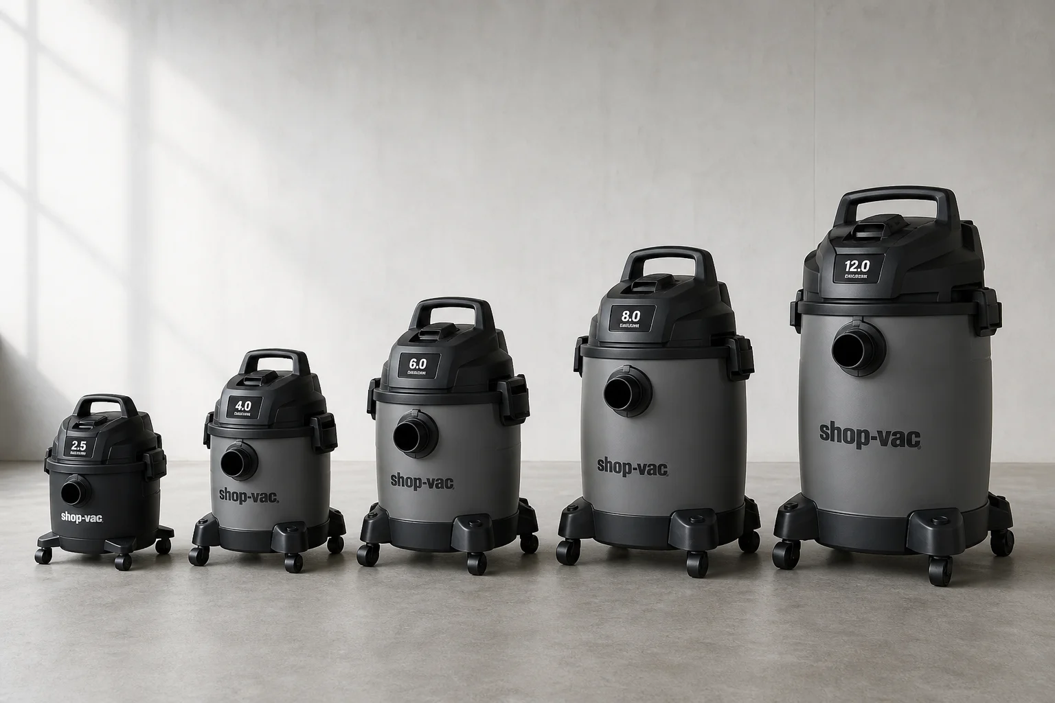 Five shop vacuums of varying sizes arranged on a concrete workshop floor