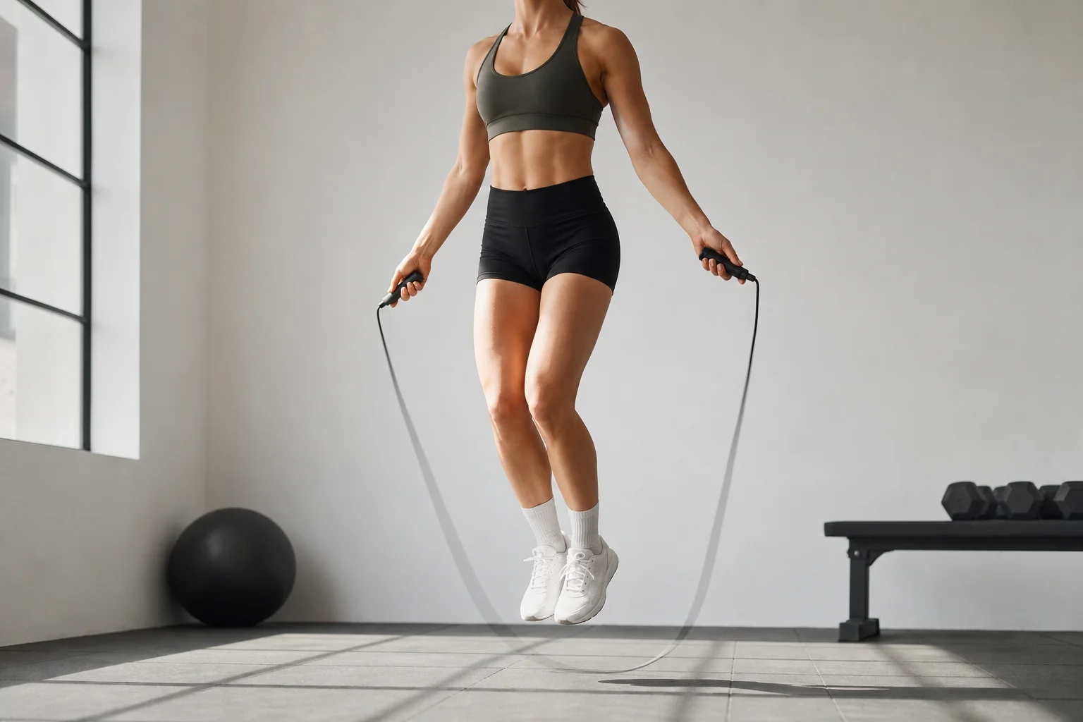 Person performing high-speed double unders with a jump rope indoors