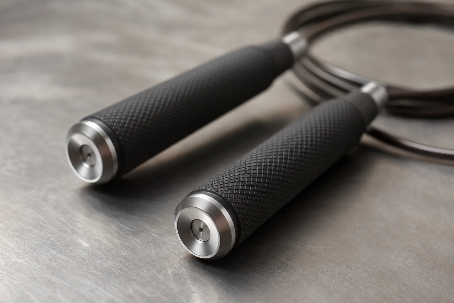 Close-up of weighted jump rope handles showing textured rubber grip