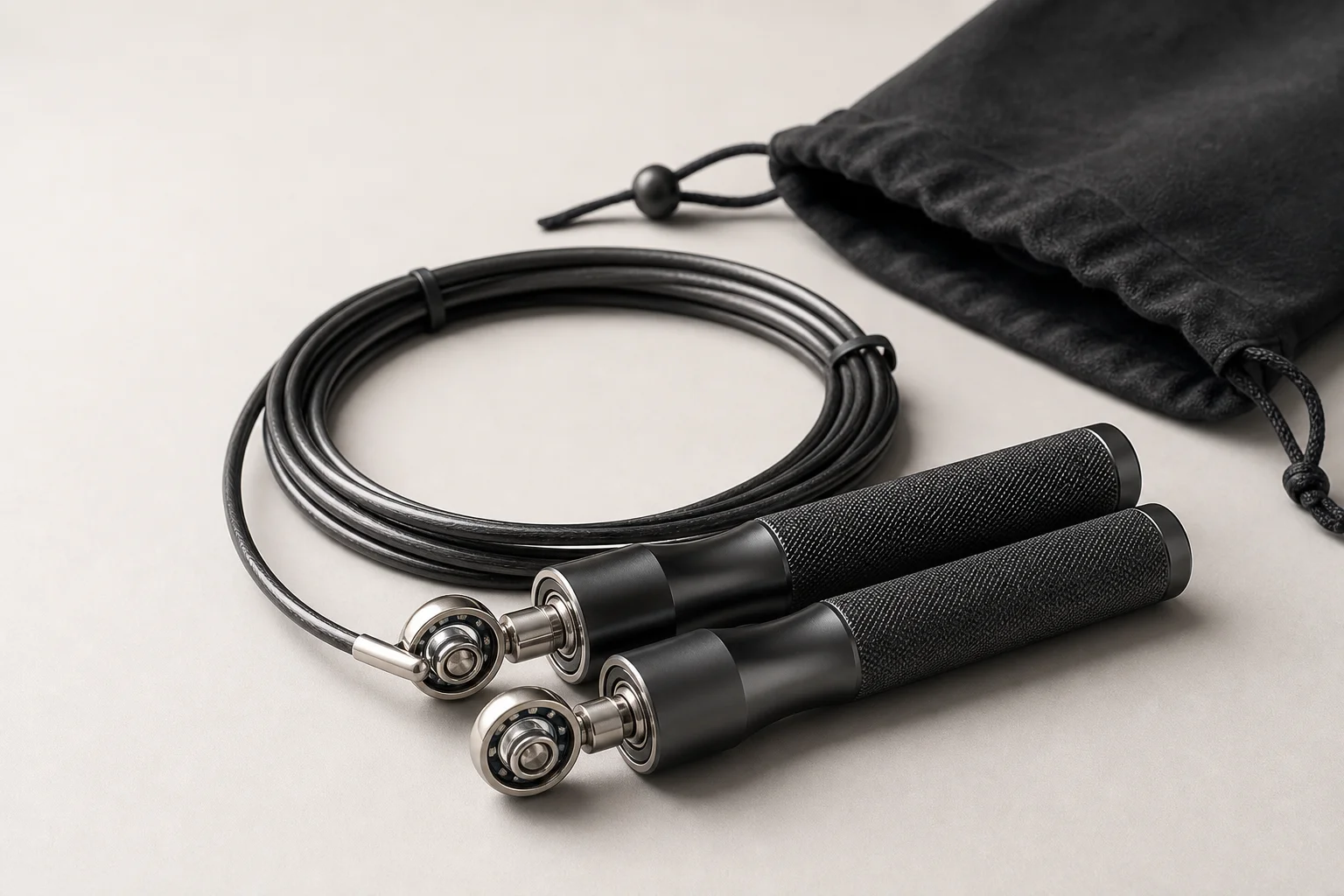 Premium jump rope with dual ball bearings and contoured handles on display