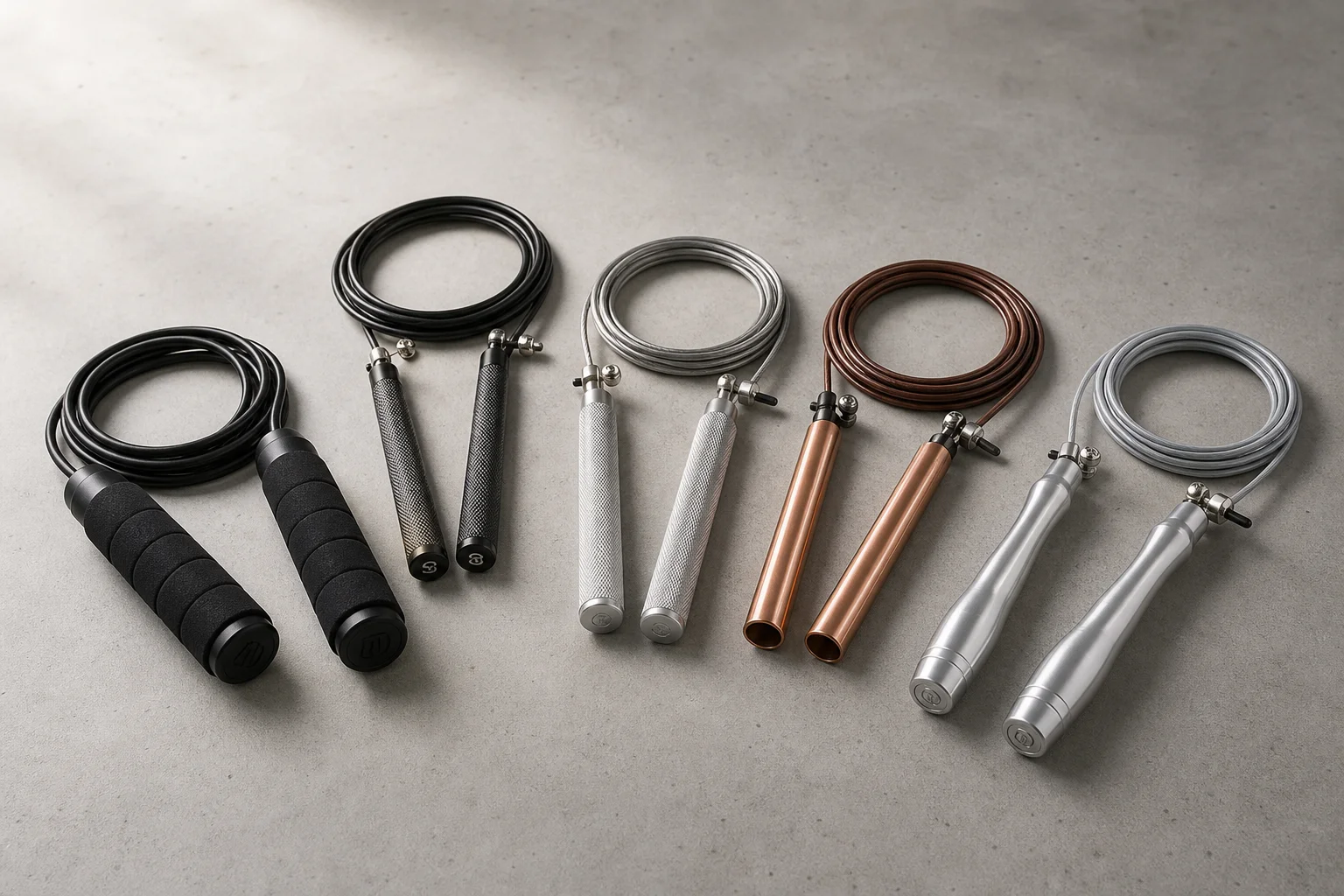 Five skipping ropes arranged on concrete surface showing different handle and cable styles