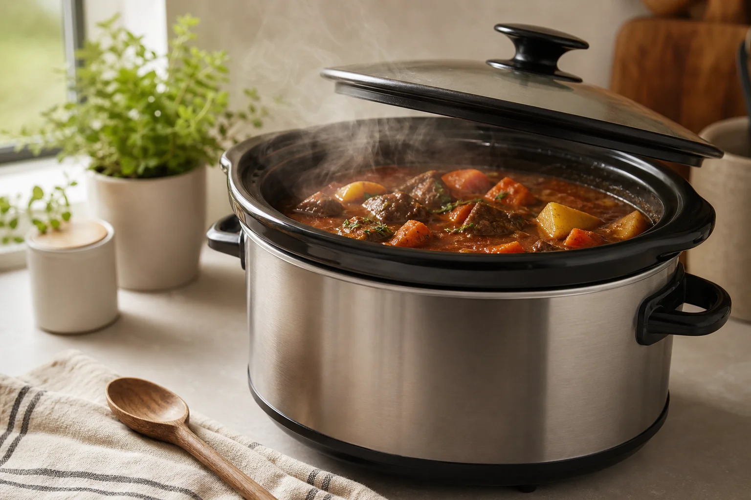 Slow cooker with stew simmering and steam rising
