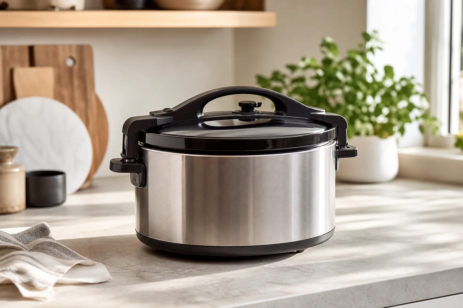 Slow cooker with locking lid ready for transport