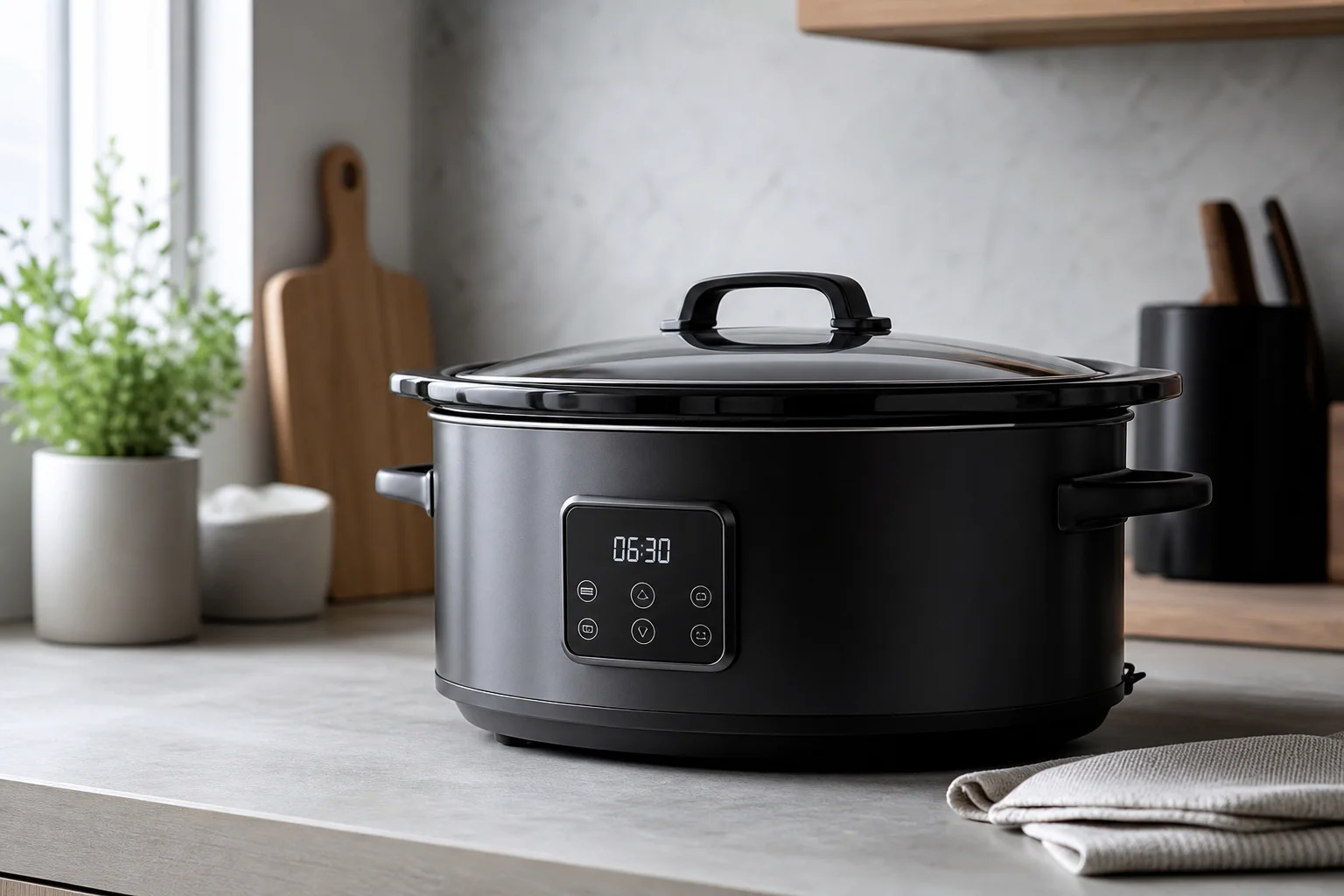 Large slow cooker with digital timer display on counter