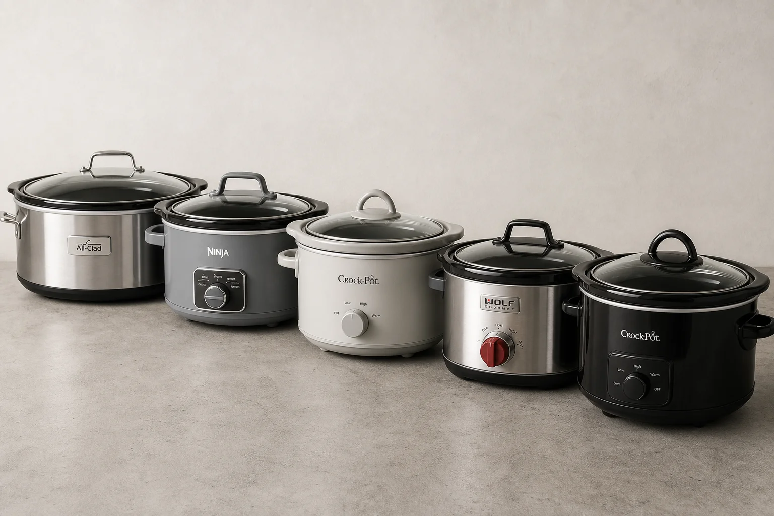 Five slow cookers arranged by rank on a concrete surface
