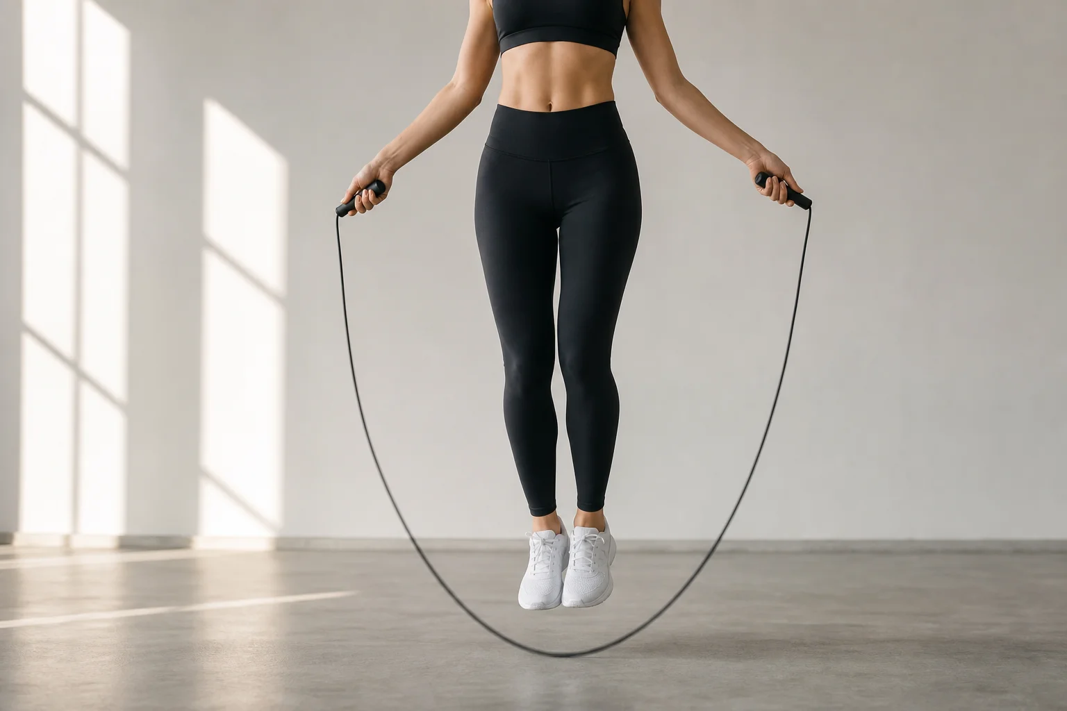 Person jumping rope indoors with focused form and proper posture