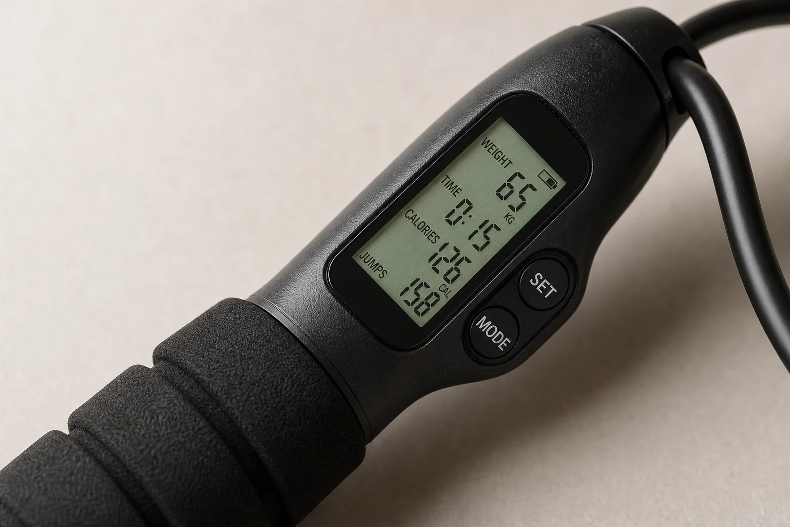 Close-up of a jump rope handle with LCD display showing workout metrics