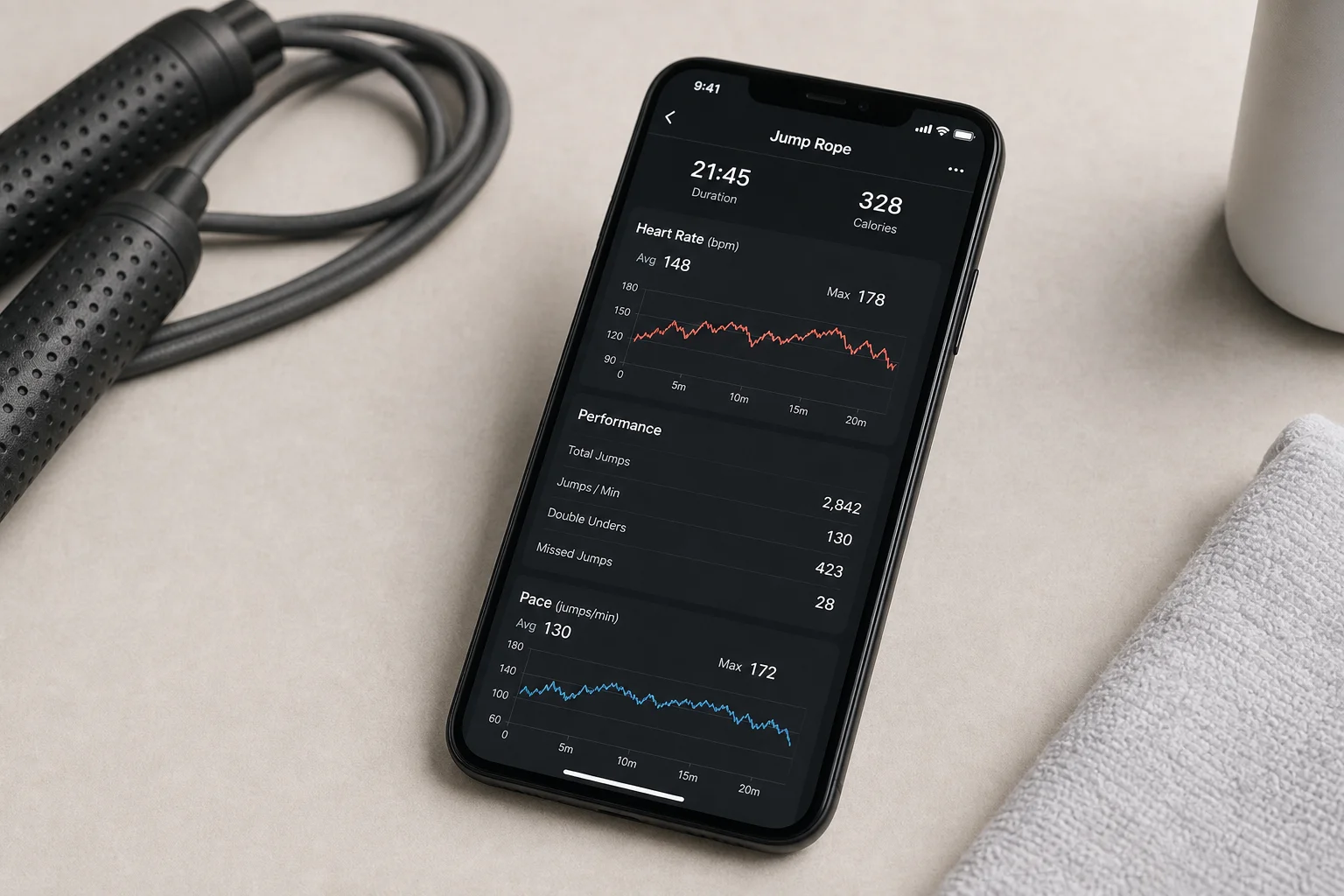 Fitness tracker app interface on smartphone displaying jump rope workout data