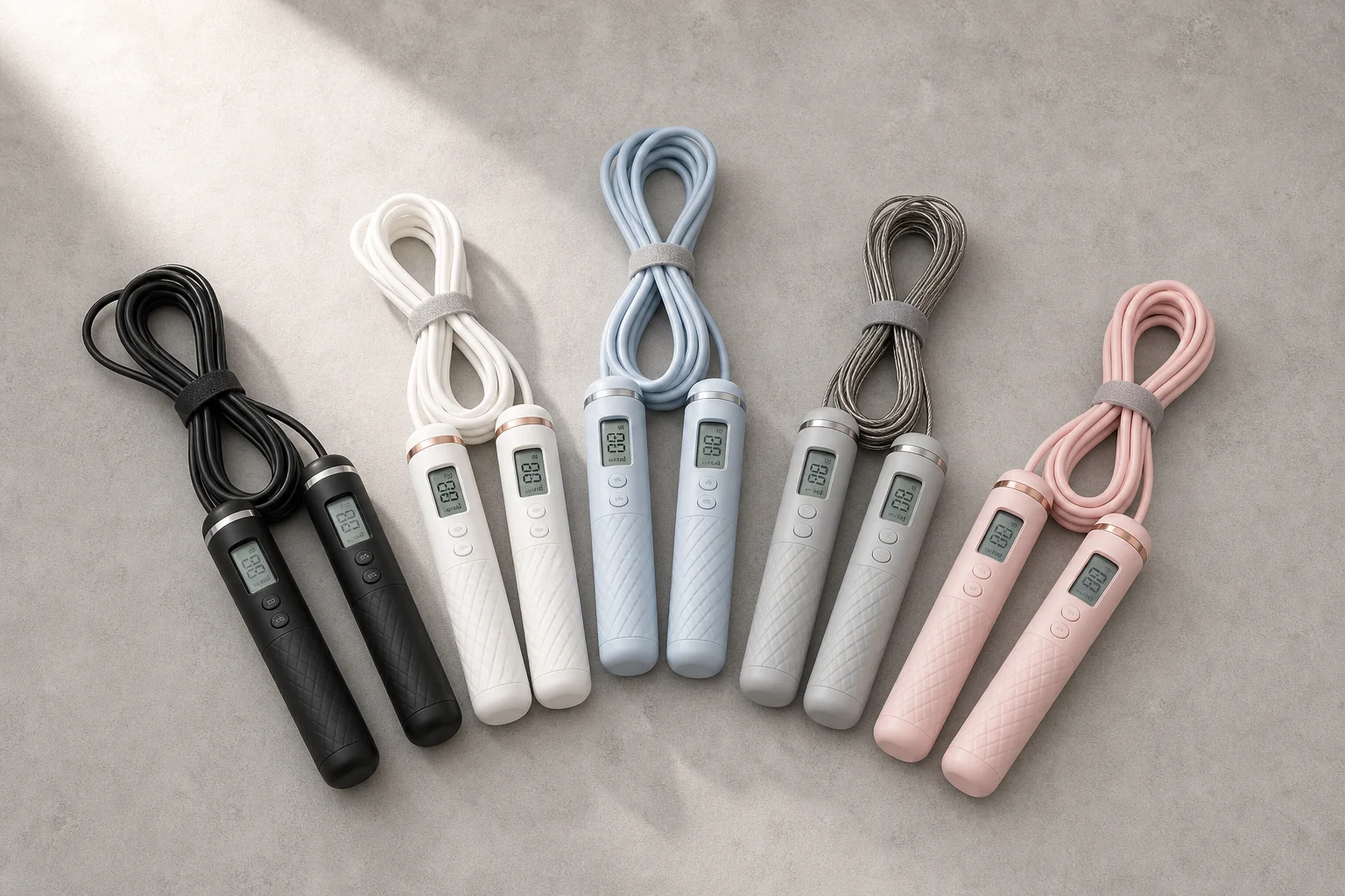 Five smart jump ropes with different handle colors and designs arranged on concrete