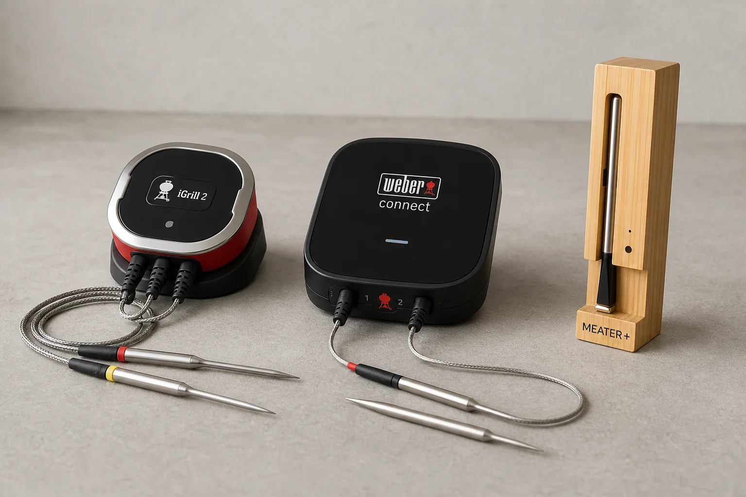 Three smart meat thermometer systems displayed on concrete surface