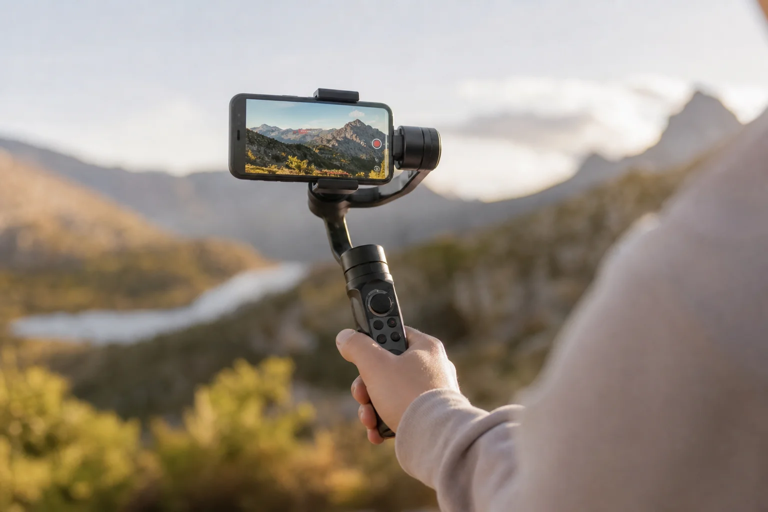 Créateur de contenu filmant en extérieur avec un smartphone monté sur un stabilisateur gimbal