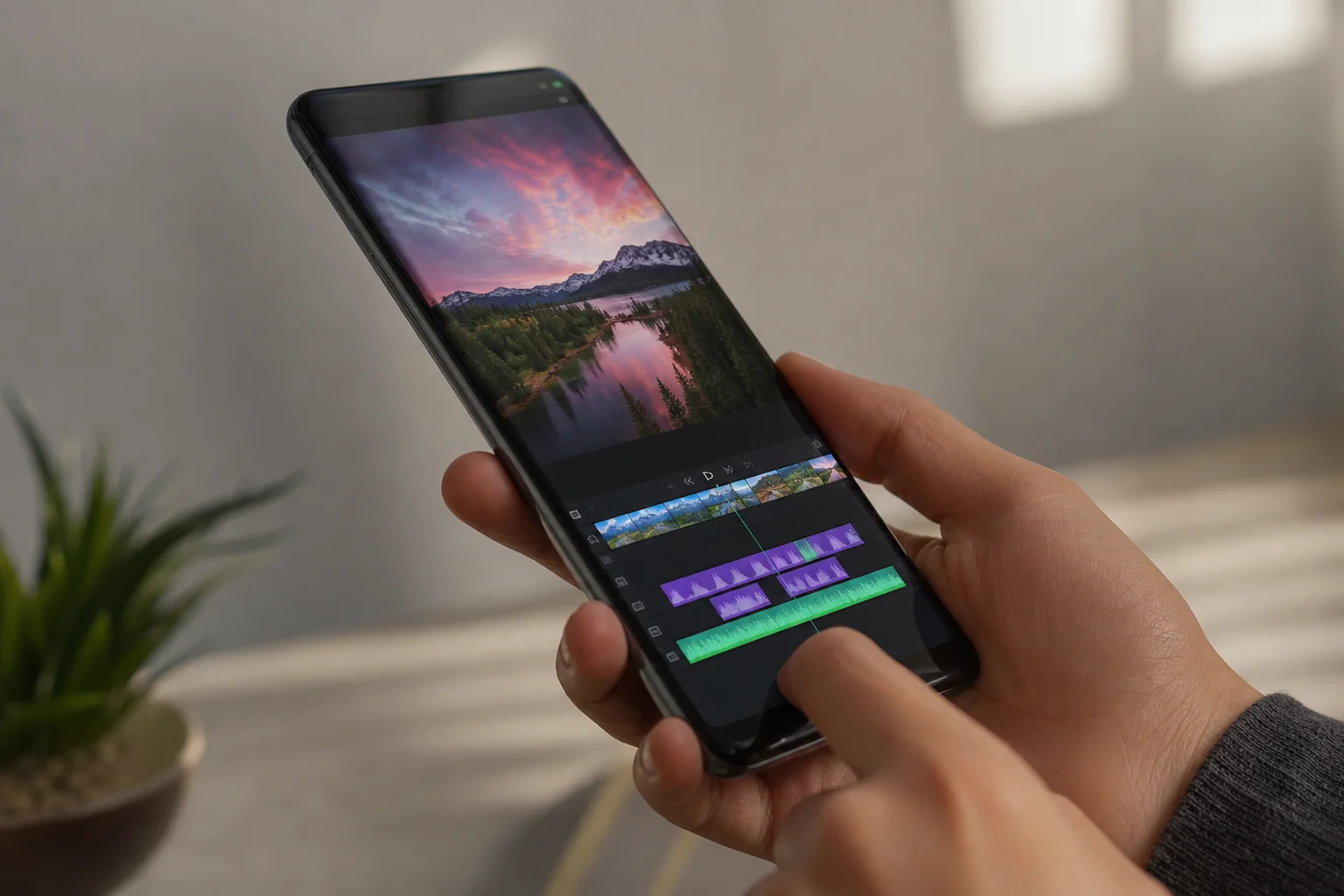 Smartphone affichant une interface de montage vidéo dynamique sur un écran AMOLED lumineux