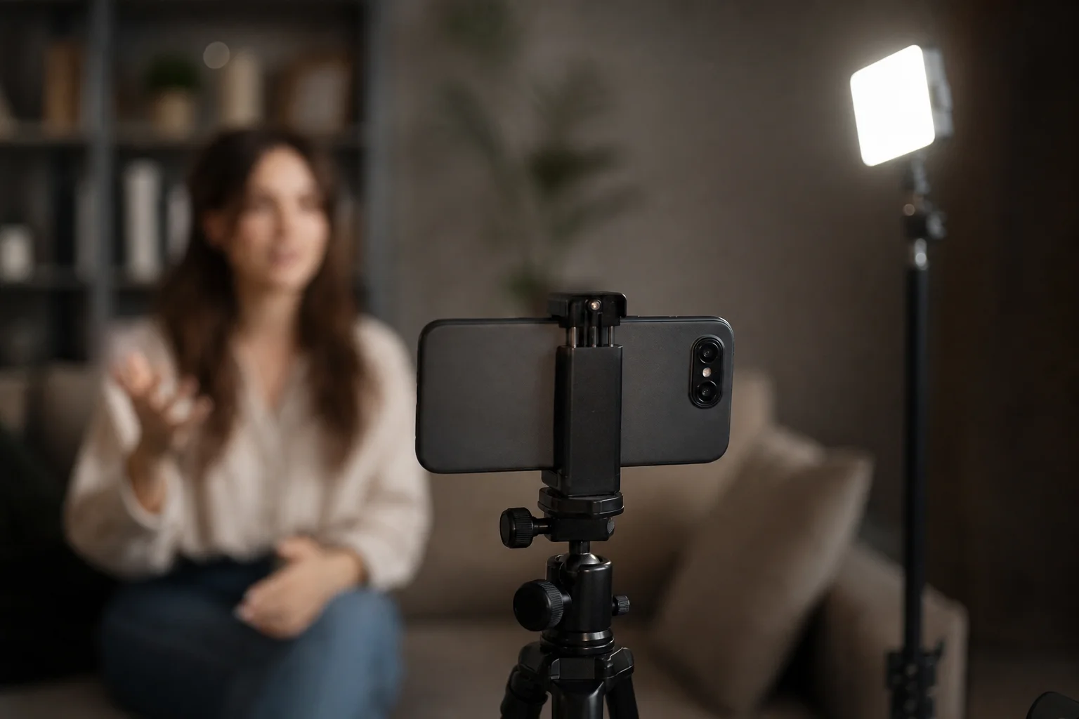 Smartphone enregistrant une vidéo en basse lumière avec une source lumineuse LED