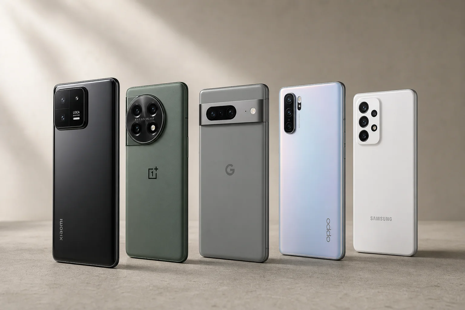 Cinq smartphones disposés sur du béton montrant leurs modules photo et leurs designs