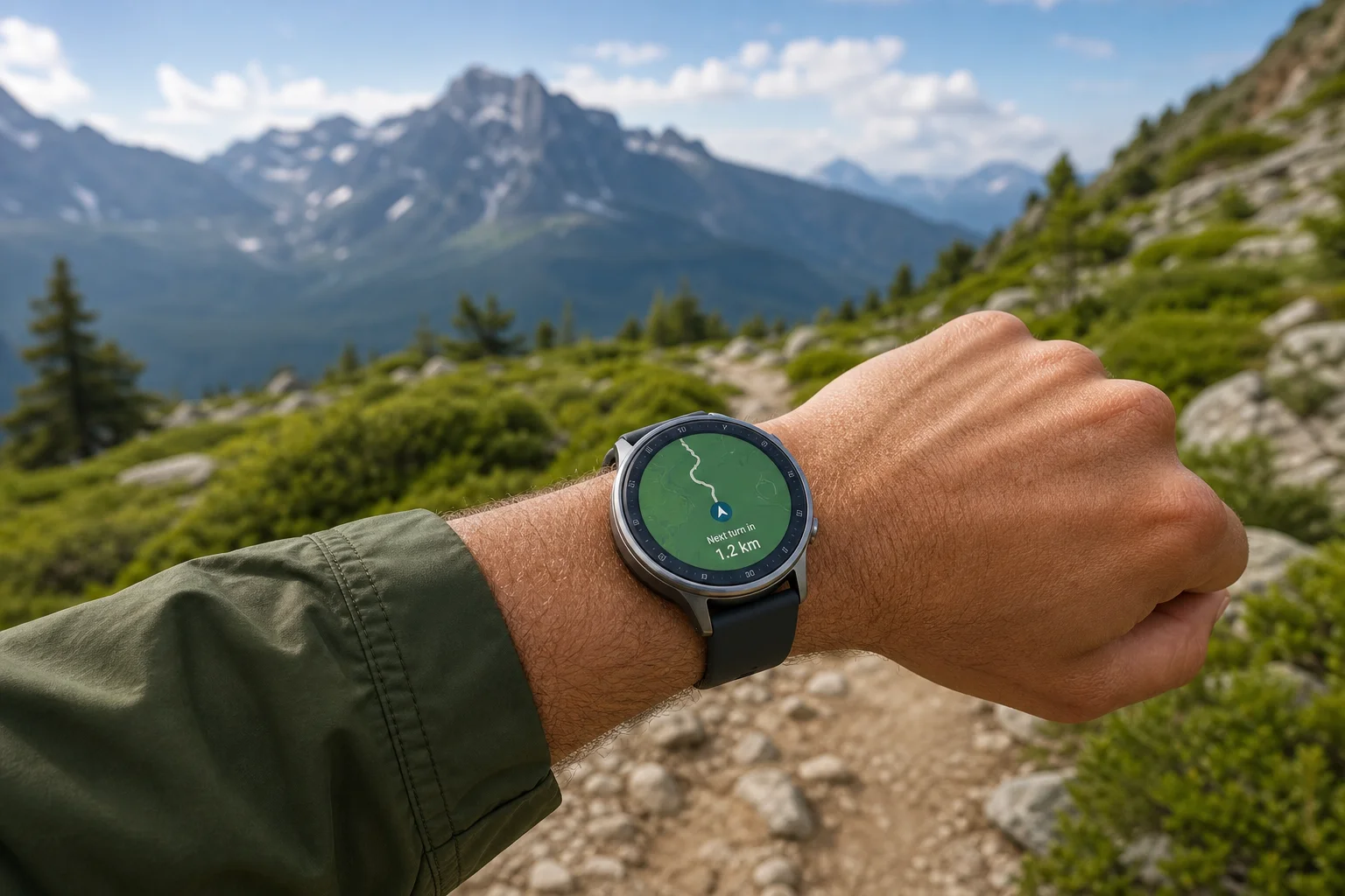 Hiker wearing smartwatch on mountain trail with clear daylight visibility