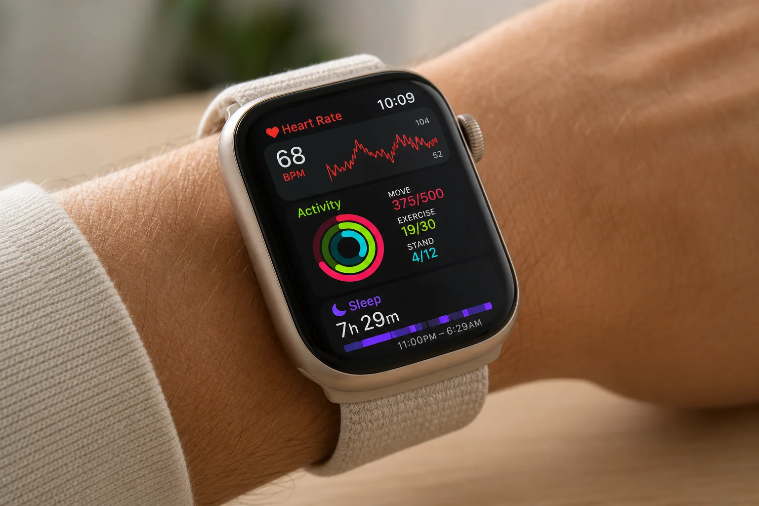 Smartwatch screen showing health metrics with heart rate and activity data