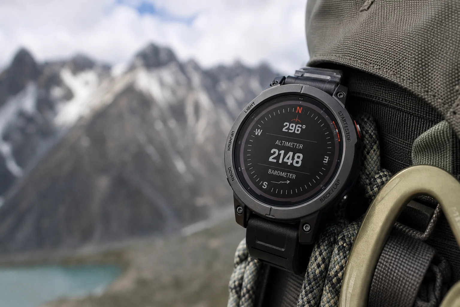 Rugged smartwatch on outdoor gear displaying compass and altitude navigation