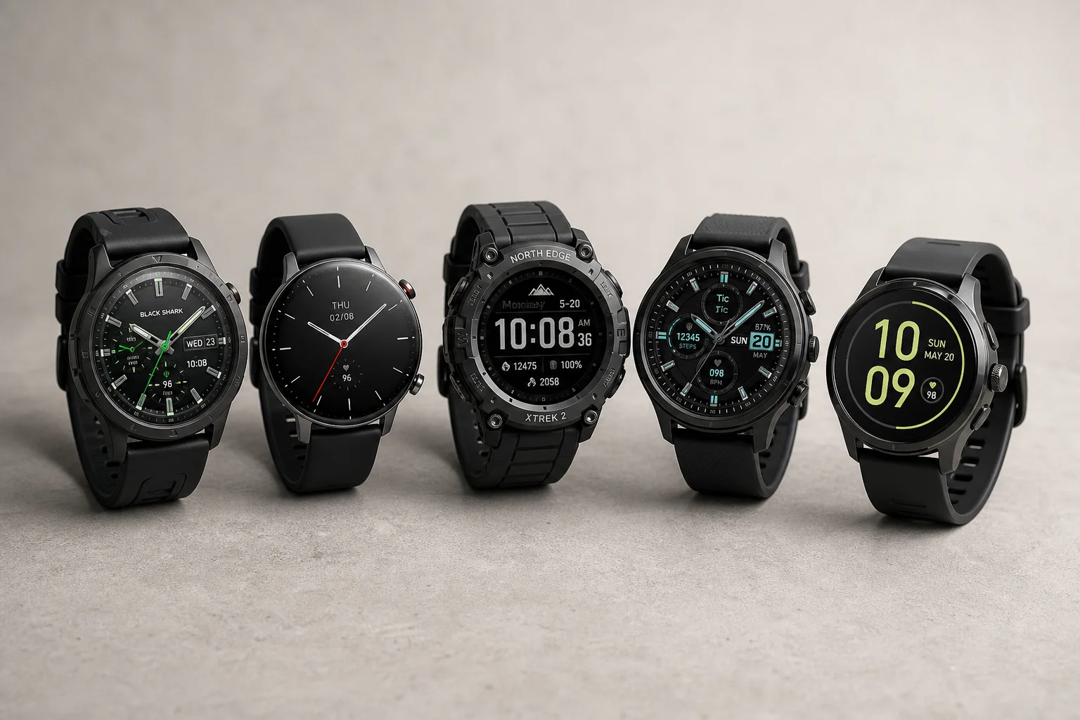Five smartwatches displayed on concrete surface showing different designs and styles