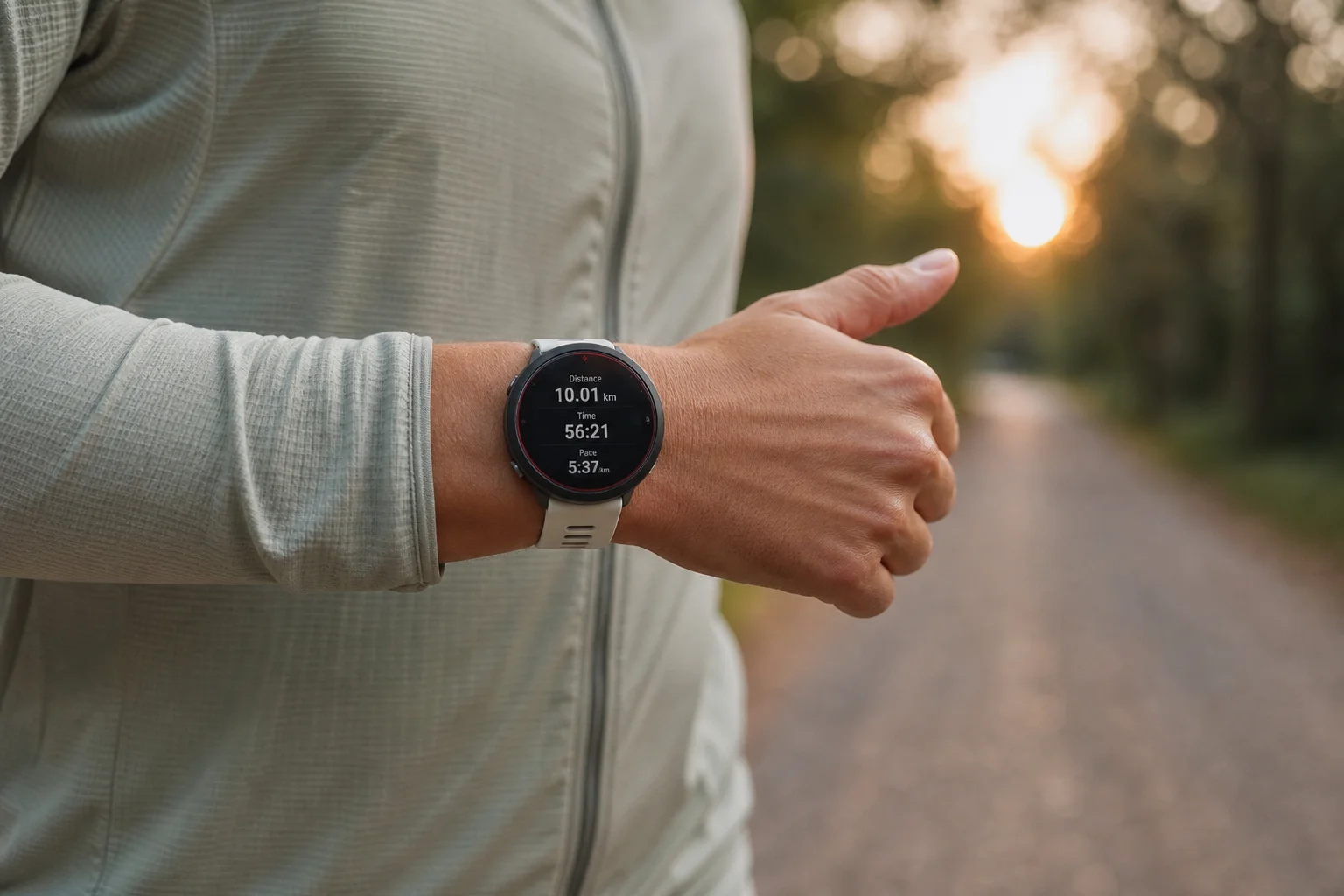Person checking fitness metrics on smartwatch wrist during outdoor run