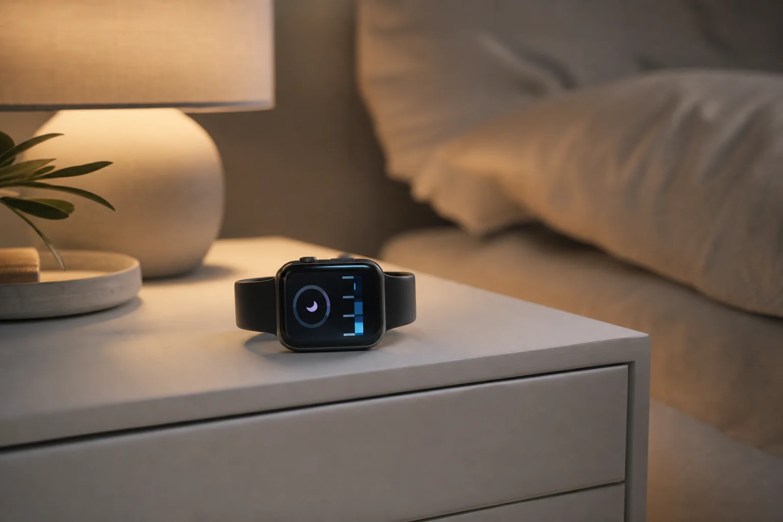 Smartwatch displaying sleep tracking data on bedside table at night