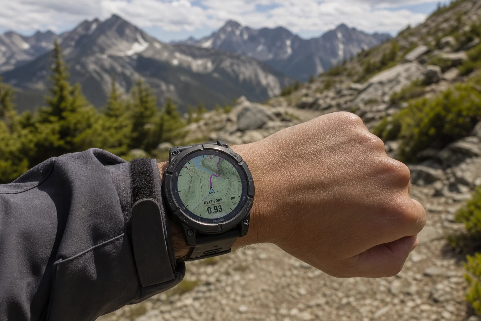 Outdoor adventurer checking GPS navigation on rugged smartwatch