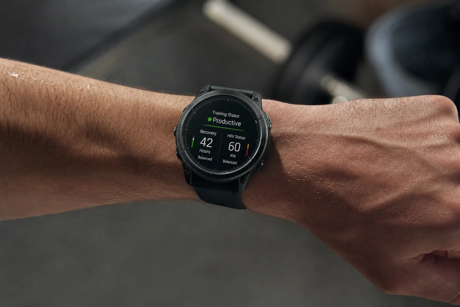 Athlete reviewing training metrics and recovery data on fitness smartwatch