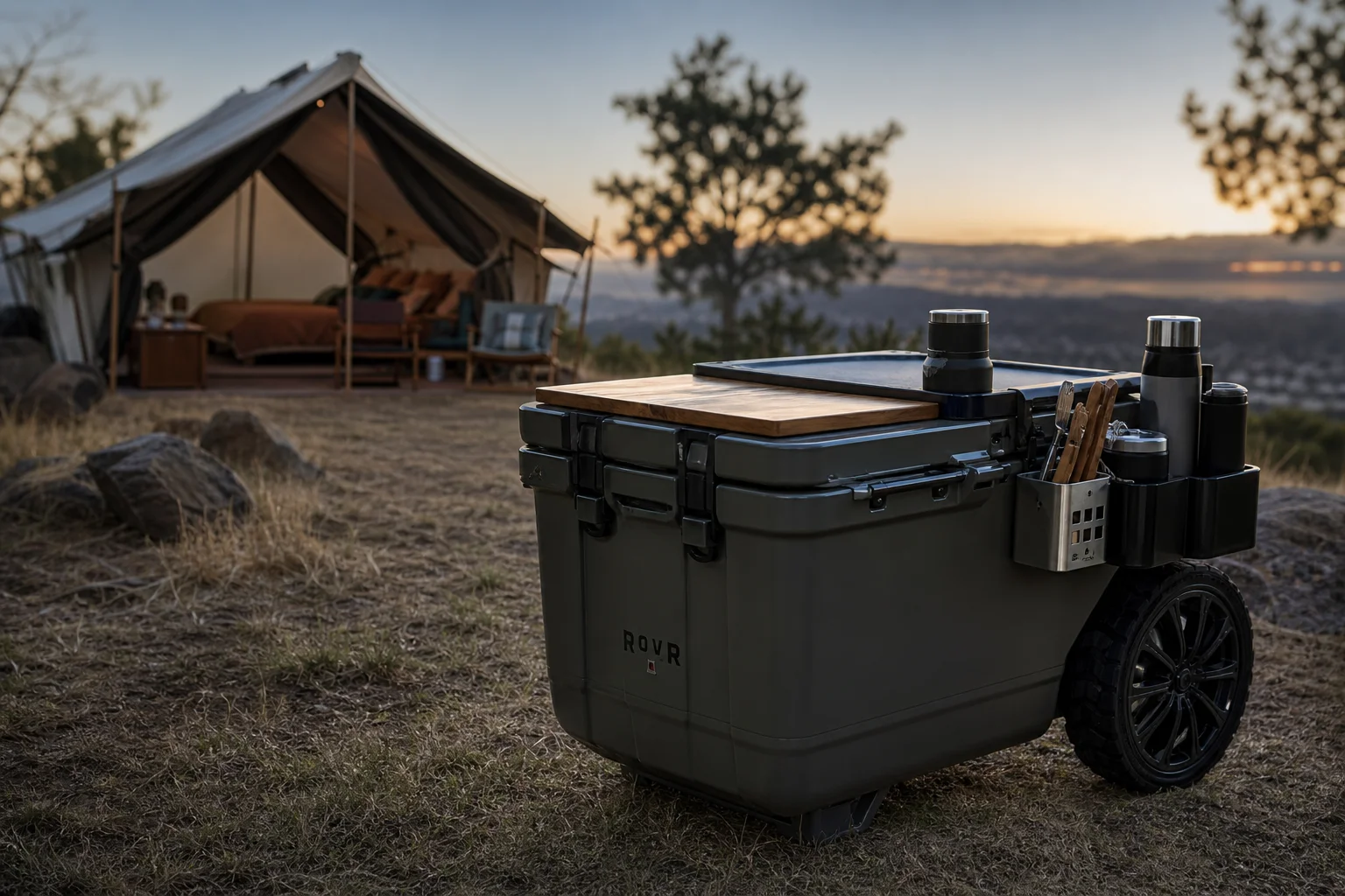 Wheeled cooler with cutting board at campsite with tent in background