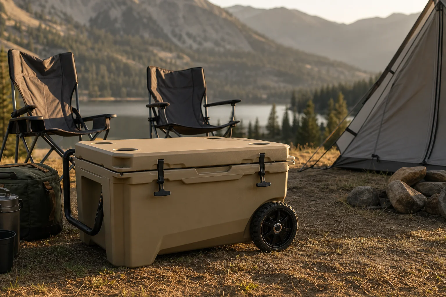 Large wheeled cooler at campsite with camping chairs and outdoor gear