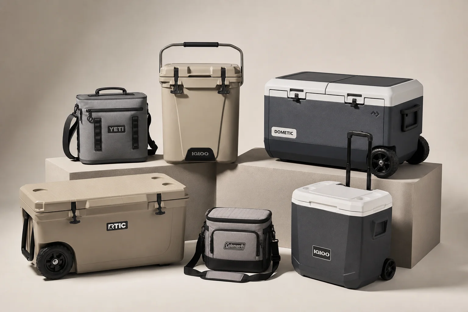 Six coolers of varying sizes and styles arranged on neutral backdrop