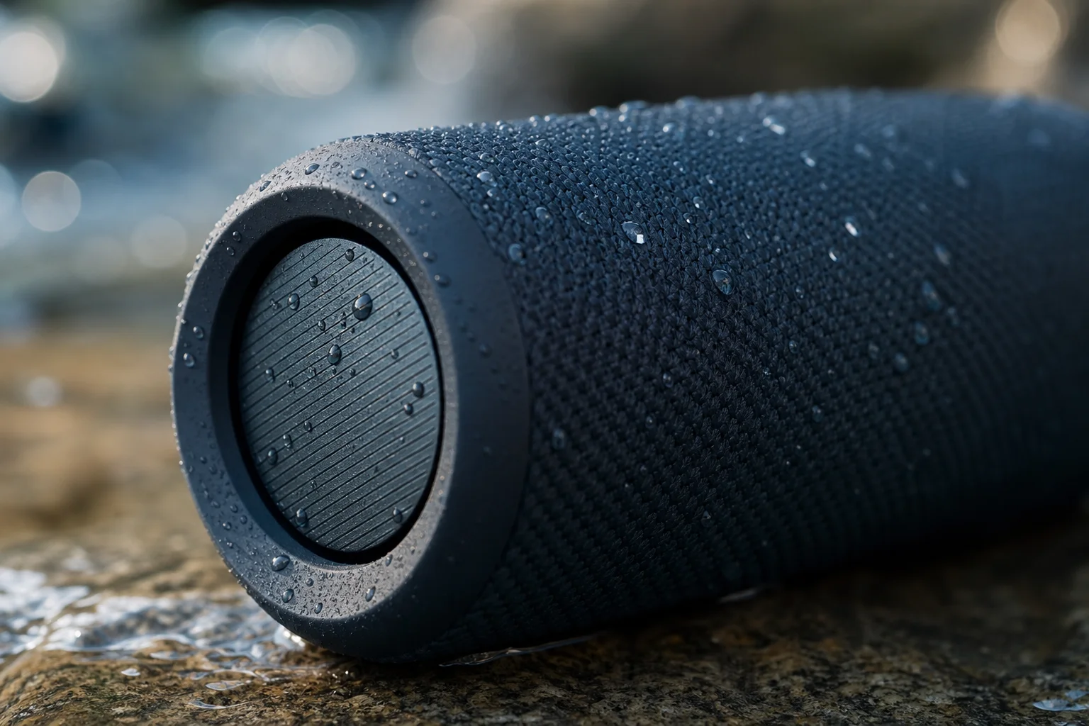 Close-up of waterproof speaker with water droplets on surface