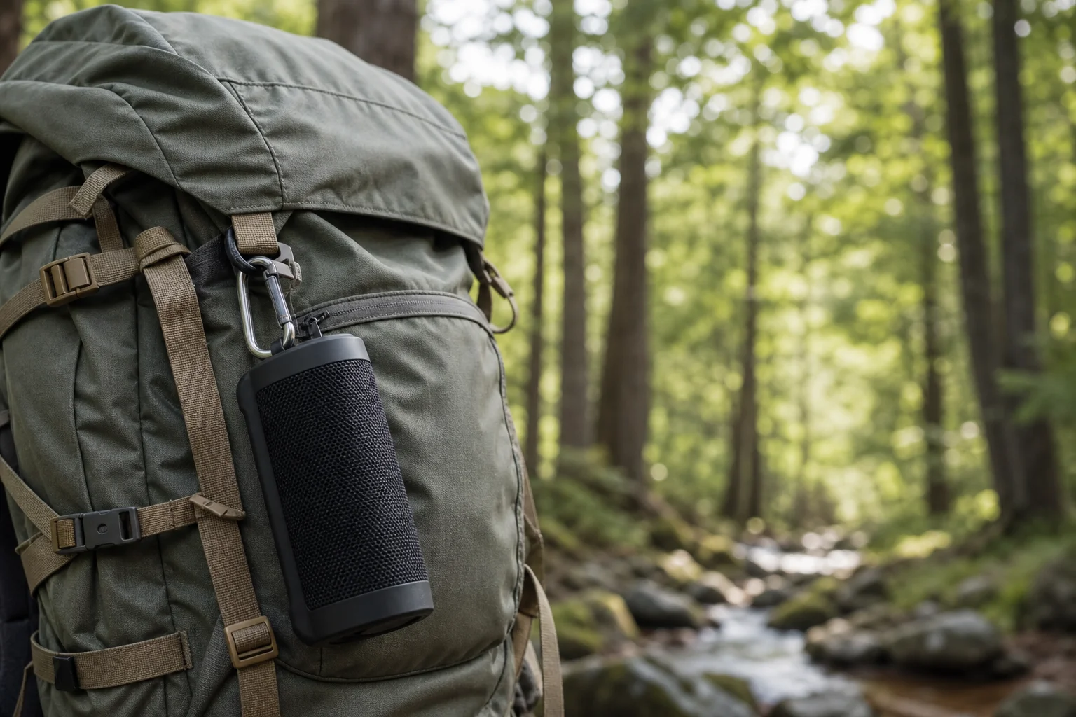Rugged speaker mounted on hiking backpack in forest