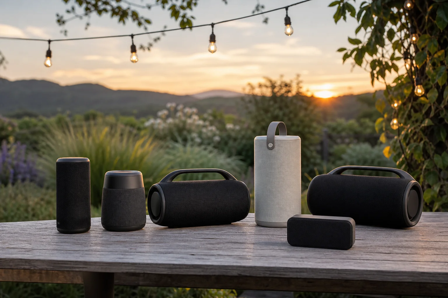 Multiple speakers arranged outdoors at gathering with string lights