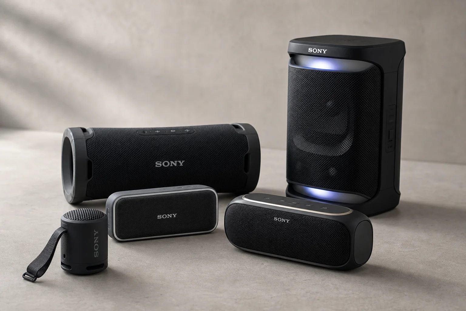 Five Sony Bluetooth speakers arranged on concrete surface