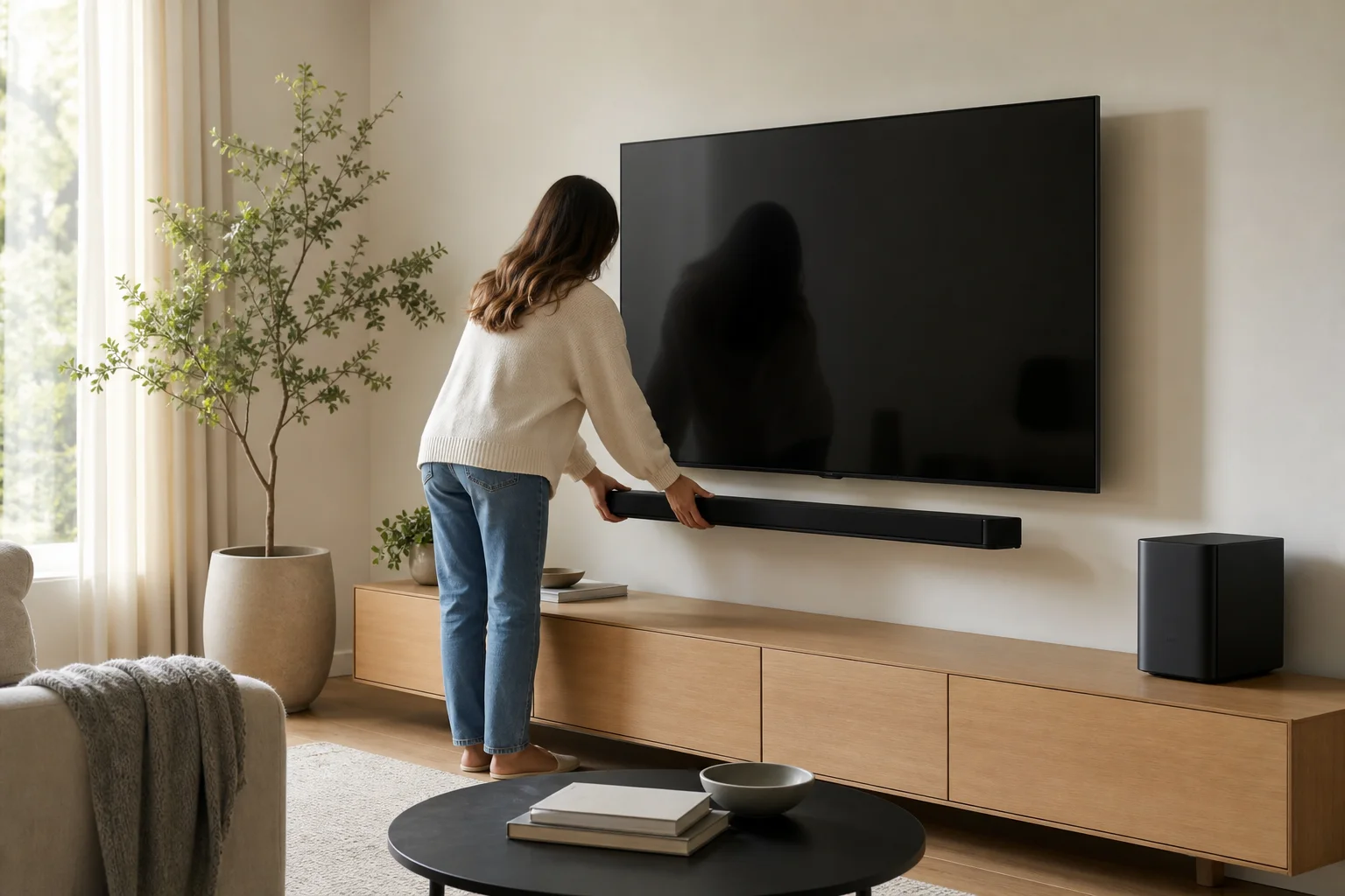使用者正在調整掛在客廳牆上電視的 Soundbar 設定