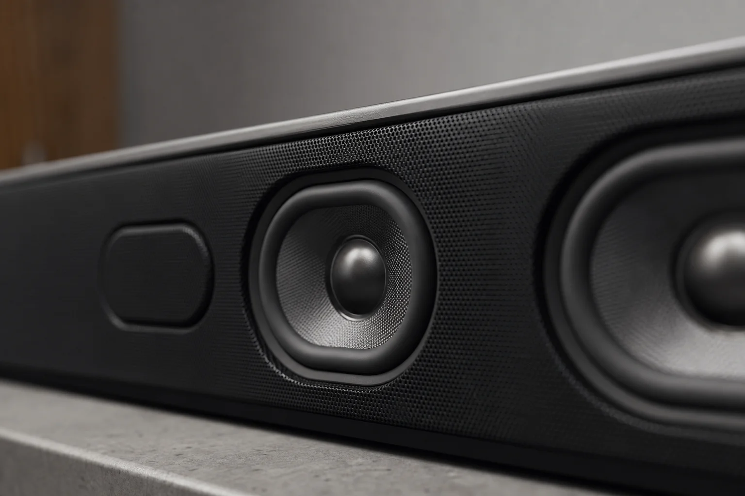 Soundbar 喇叭網罩特寫，展示單體細節與表面質感