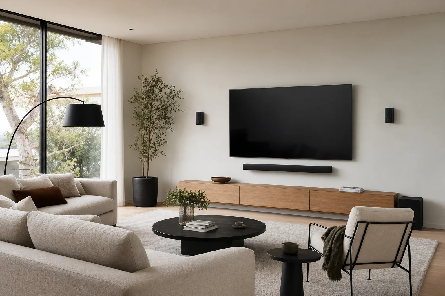 客廳中的家庭劇院配置，包含 Soundbar、電視與環繞喇叭擺設