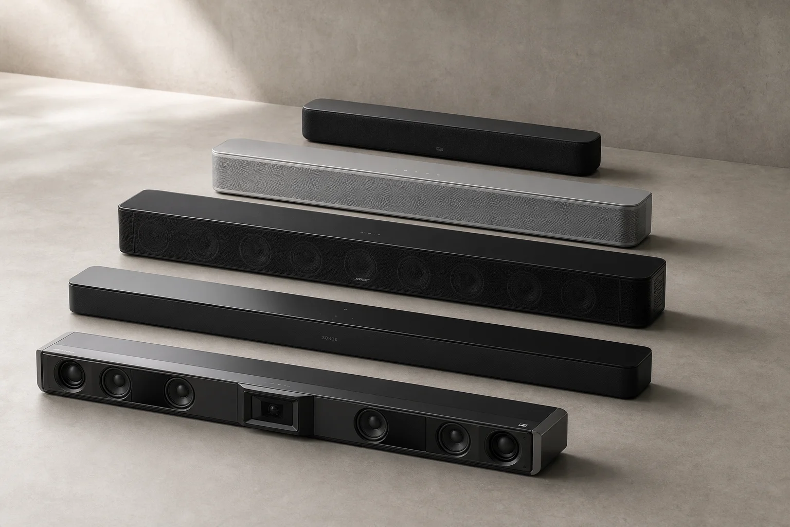 五款不同的 Soundbar 排列在水泥表面上