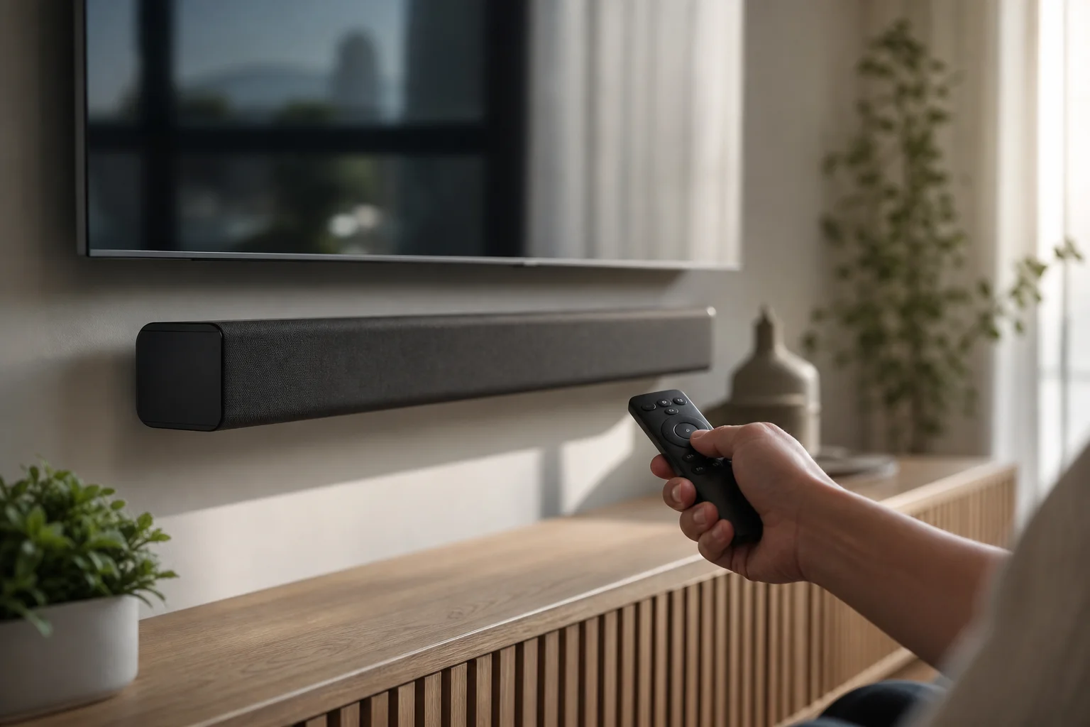 客廳中有人正使用遙控器調整 Soundbar 音量