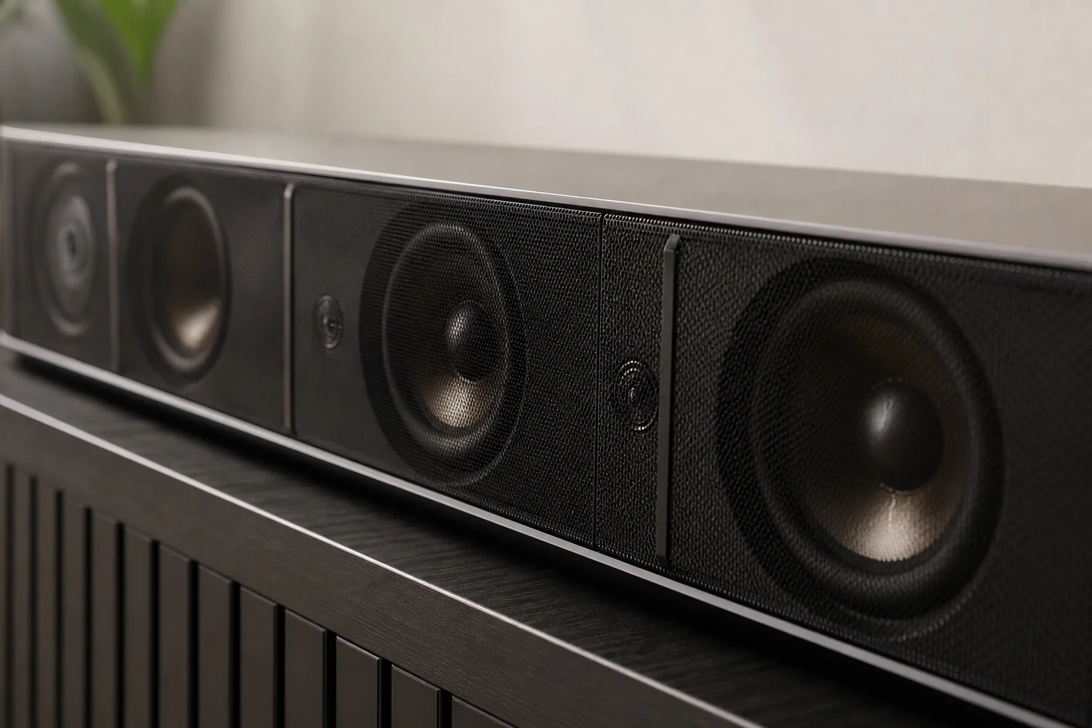 Soundbar 喇叭網罩與聲道配置細節特寫
