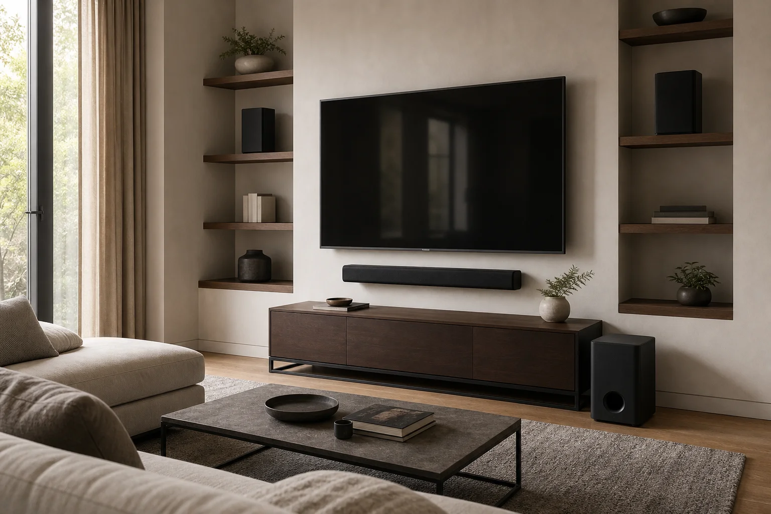 客廳中配備重低音喇叭與後環繞喇叭的家庭劇院 Soundbar 系統