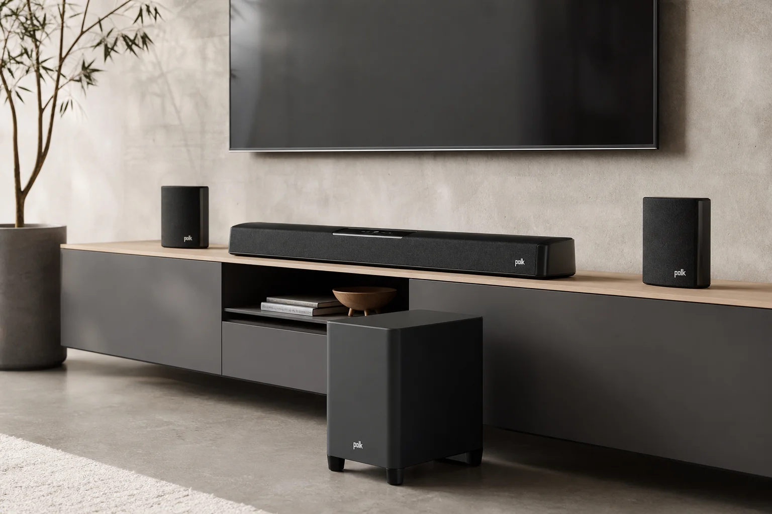 放置在電視櫃上，配備重低音喇叭與後環繞喇叭的現代 Soundbar 系統