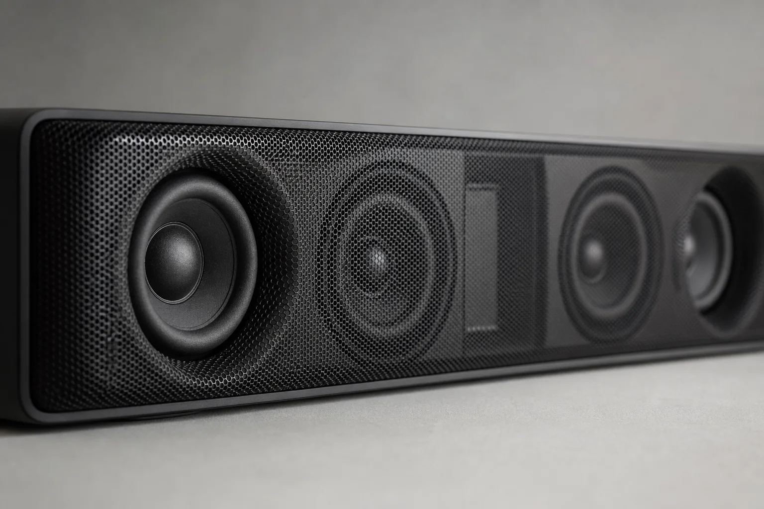 Soundbar 前面板特寫，展示揚聲器單體與設計細節