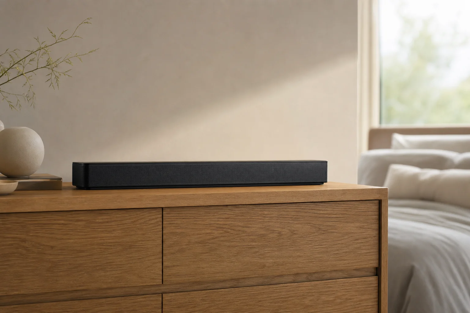 放置在臥室梳妝台上的精巧 Soundbar，環境簡潔俐落
