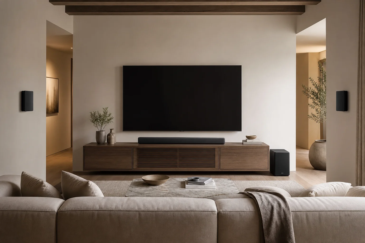 包含 Soundbar、重低音喇叭與後環繞喇叭的完整 5.1 聲道環繞音響系統