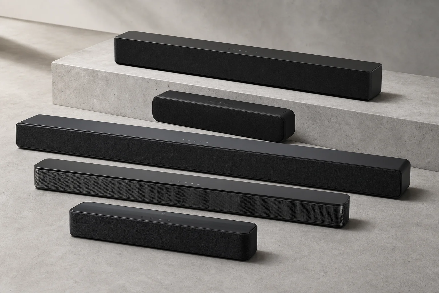 五款不同尺寸的現代 Soundbar 排列在水泥表面上